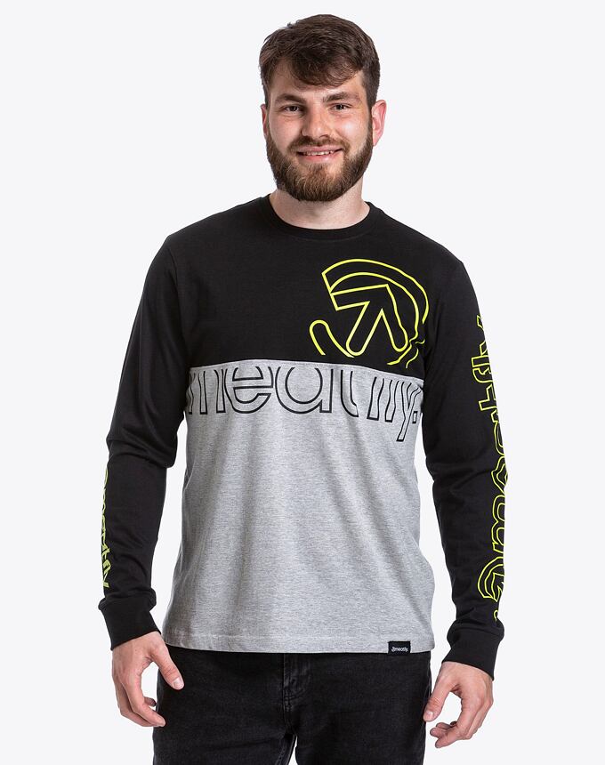 Pánské tričko s dlouhým rukávem Meatfly Judgement, Lime Logo / Black / Grey Heather